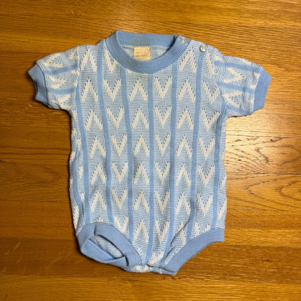 Vintage Baby Romper Blue Knit Short Sleeve Bodysuit Made in Israel 70s 80s 0-6M